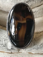 Onyx Banded Sardonyx Gemstone .925 Sterling Silver Oval Statement Ring (Size 8.25)