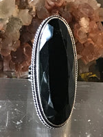 Obsidian Black Faceted Natural Gemstone .925 Sterling Silver Oval Statement Ring (Size 7.5)