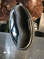 Onyx Banded Sardonyx Gemstone .925 Sterling Silver Oval Statement Ring (Size 8.75)