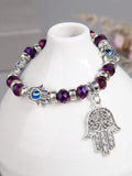Evil Eye Hamsa Hand Charm Purple Crystal Bead Energy Bracelet