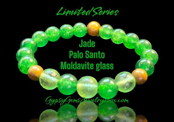 JADE Imperial Green & Moldavite Glass & Palo Santo Gemstone Energy Bead Bracelet Limited Series Grande 10mm
