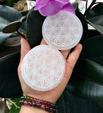 Selenite Engraved Etching Flower of Life Sacred Geometry Charging Plate Round Disc