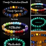 Trinity Protection Three Bracelet Bundle Pack: TIGER EYE Trinity • 7 Chakra • Malachite Crystal Gemstone Energy Bead Bracelets Set of 3  (8mm)