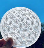 Selenite Engraved Etching Flower of Life Sacred Geometry Charging Plate Round Disc