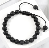 Lava Rock Black Matte Rustic Braided Rope Gemstone Energy Bead Bracelet, Adjustable