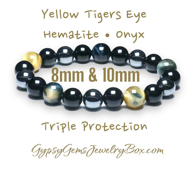 Tiger Eye Yellow - Onyx - Hematite Triple Protection Energy Bracelets (8mm and 10mm beads)