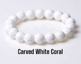 Carved Lotus Custom Size White Tridacna Pearl Clam Shell Coral Vermeil Round Stretch (8mm) Natural Earth Energy Bead Bracelet