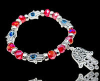Evil Eye Hamsa Hand Charm Red Crystal Bead Energy Bracelet