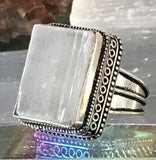 Selenite Natural Gemstone .925 Sterling Silver Statement Ring (Size 8.5)