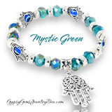 Evil Eye Hamsa Hand Charm Green Crystal Bead Energy Bracelet