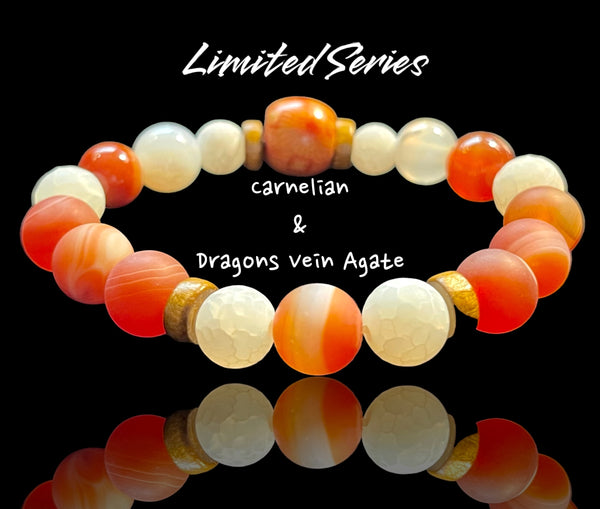 Intention - Energizer - Carnelian & White Dream Fire Agate Custom Size Frost Matte Rustic Round Stretch (10mm Grande) Natural Gemstone Crystal Energy Bead Bracelet Limited Series