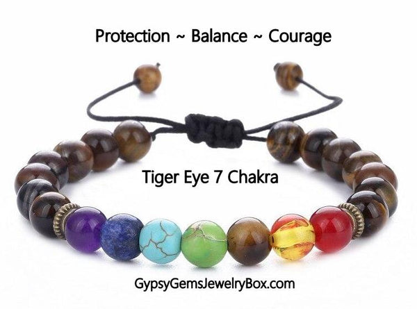 Natural 7 CHAKRA TIGER EYE Handmade Gemstone Energy Bead Bracelet  “PERSONAL POWER"