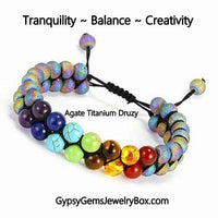 7 Chakra Double Row + Titanium Rainbow Aura Druzy Agate Braided Macrame Adjustable Sliding Knot Round Smooth (8mm) Natural Gemstone Crystal Energy Bead Bracelet