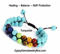 7 Chakra Turquoise Double Row Braided Rope Gemstone Energy Bead Bracelet-Adjustable