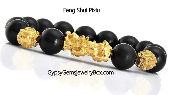 Feng Shui - Black Obsidian Pixiu Wealth Prosperity (12mm) Gold  Dragon The Genuine Energy Bead Bracelet