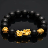 Feng Shui - Black Obsidian Pixiu Wealth Prosperity (12mm) Gold  Dragon The Genuine Energy Bead Bracelet