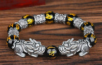 Feng Shui - Black Obsidian Etched Pixiu Wealth Prosperity (12mm) Silver Double Dragons The Genuine Energy Bead Bracelet