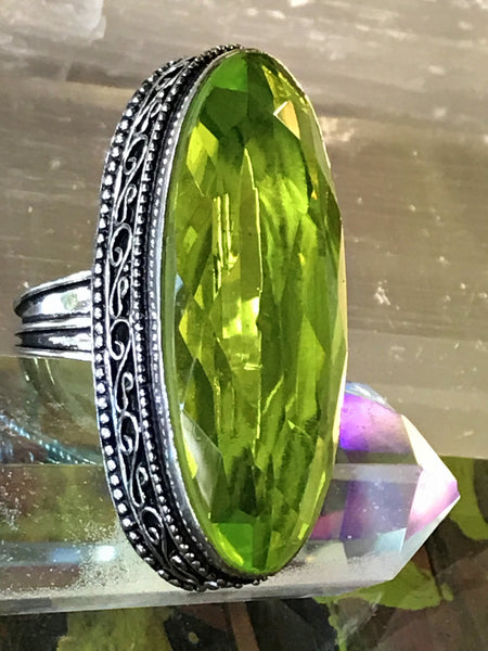 Peridot Natural Gemstone .925 Sterling Silver Oval Statement Ring (Size 7.75)