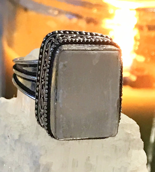 Selenite Natural Gemstone .925 Sterling Silver Statement Ring (Size 8.75)