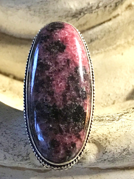 Rhodonite Natural Gemstone .925 Sterling Silver Ring (Size 7)
