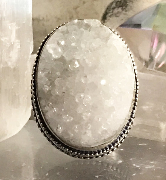 Quartz White Druzy Crystal Natural Gemstone .925 Sterling Silver Ring (Size 9)