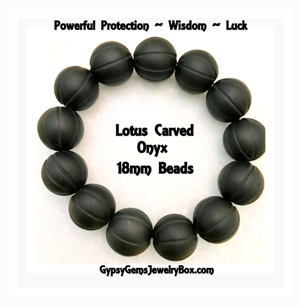 ONYX Black Onyx Energy Bracelet Lotus Carved Beads "Zeppelin "