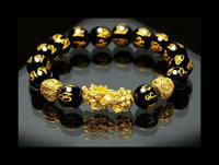 Feng Shui - Black Obsidian Etched Pixiu Wealth Prosperity (12mm) Gold  Dragon The Genuine Energy Bead Bracelet