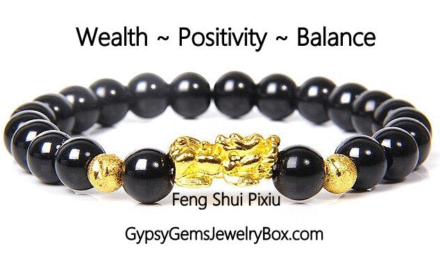 Bracelet Feng Shui 7,5'' – Quartz Volcanique Et Pi Xiu Doré – Guérison Des Chakras