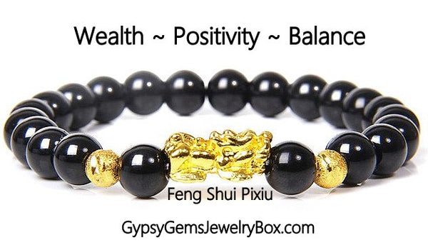 Feng Shui - Black Obsidian Pixiu Wealth Prosperity (8mm) Gold  Dragon The Genuine Energy Bead Bracelet