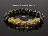 Feng Shui - Black Obsidian Etched Pixiu Wealth Prosperity (12mm) Gold Double Dragon The Genuine Energy Bead Bracelet