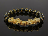 Feng Shui - Black Obsidian Etched Pixiu Wealth Prosperity (10mm) Gold Double Dragon The Genuine Energy Bead Bracelet