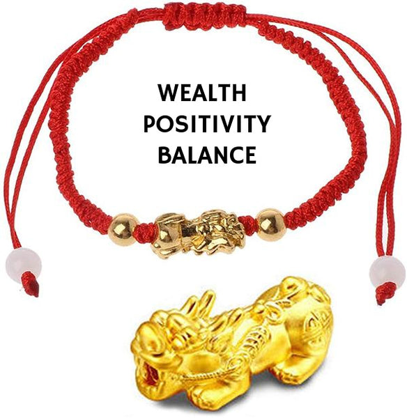 Feng Shui - Pixiu Red Wealth Luck Gold Dragon Braided Macrame Adjustable Slider Knot Silk Energy Bracelet
