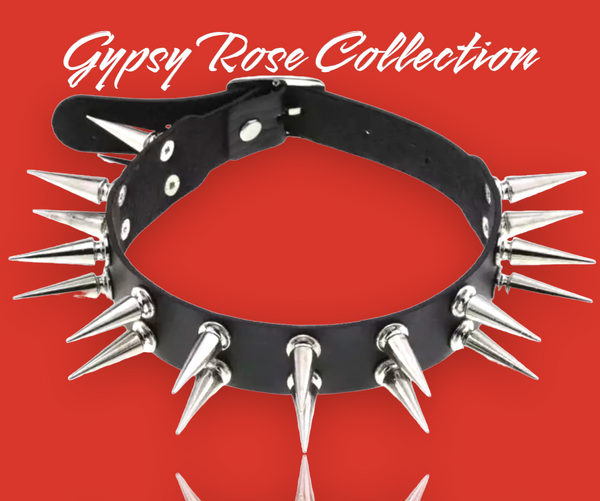 Gypsy Rose Long Double Spike Bicast Leather Collar Choker Necklace