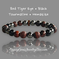 Red Tiger Eye-Black Tourmaline-Hematite Natural Gemstone + Rose Wood Bead Energy Bracelet