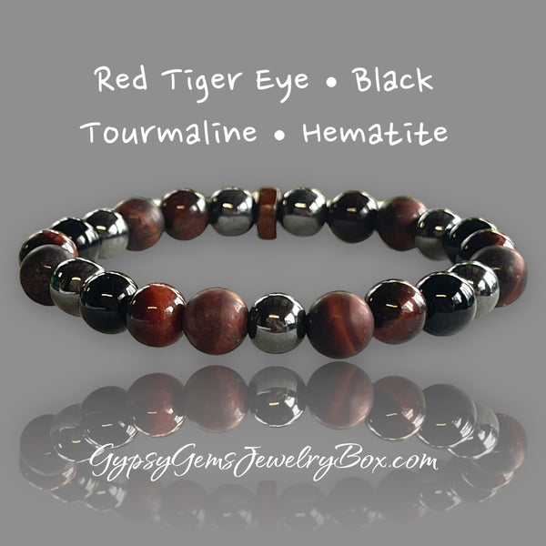 Red Tiger Eye-Black Tourmaline-Hematite Natural Stone + Rose Wood Bead Energy Bracelet