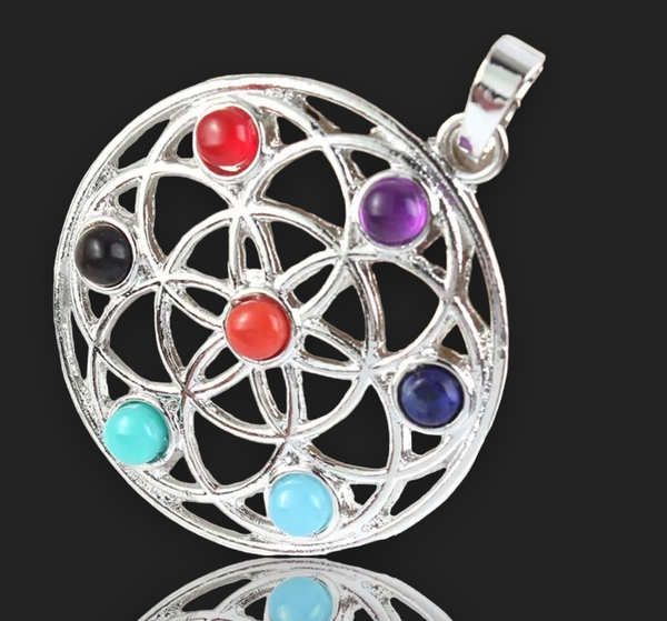 7 Chakra Flower of Life Symbol Silver Crystal Pendant Necklace