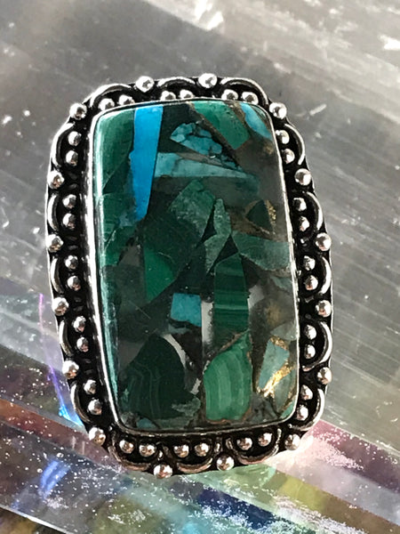 Malachite/Turquoise/Copper Gemstone .925 Sterling Silver Ring (Size 7.5)