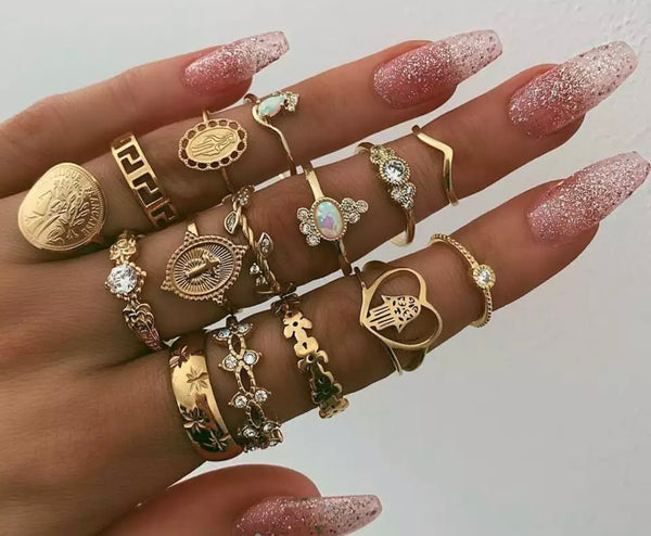 Boho Gold Stackable 15 pc Rings Set