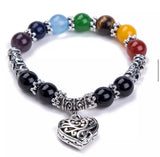 7 Chakra & Silver Heart Charm - FOUR Different Bracelet Style Choices: Obsidian • Jade • Tiger’s Eye • Green Imperial Jasper (10mm) Grande Round Smooth Stretch Natural Gemstone Crystal Energy Bead Bracelets