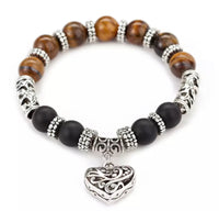 7 Chakra & Silver Heart Charm - FOUR Different Bracelet Style Choices: Obsidian • Jade • Tiger’s Eye • Green Imperial Jasper (10mm) Grande Round Smooth Stretch Natural Gemstone Crystal Energy Bead Bracelets
