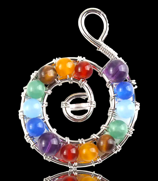 7 Chakra Gemstone Beaded Sacred Spiral Silver Crystal Pendant Necklace