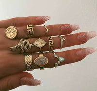 Boho Gold Serpent Stackable 10 pc Rings Set