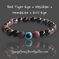 Triple Protection - Tiger Eye Red + Black Obsidian + Hematite + Evil Eye + Rosewood Custom Size Round Smooth Stretch (8mm) Natural Gemstone Crystal Energy Bead Bracelet