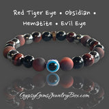 Triple Protection - Tiger Eye Red + Black Obsidian + Hematite + Evil Eye + Rosewood Custom Size Round Smooth Stretch (8mm) Natural Gemstone Crystal Energy Bead Bracelet
