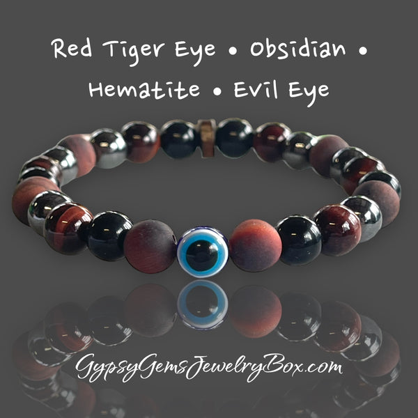 Red Tiger Eye-Obsidian-Hematite Natural Stone + Evil Eye Bead Energy Bracelet