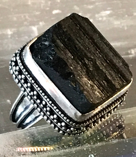 Tourmaline Black Rough Square Natural Gemstone .925 Sterling Silver Statement Ring (Size 7)