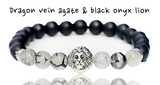 Agate - Dragon Vein Black/White + Silver Lion + Black Onyx Custom Size Round Smooth Stretch (8mm) Natural Gemstone Crystal Energy Bead Bracelet