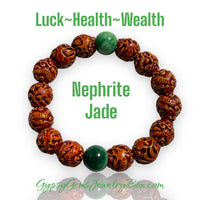 JADE Nephrite & Rudraksha Carved Phoenix & Dragon Gemstone Energy Bead Bracelet ~ Grandiose 14-15mm