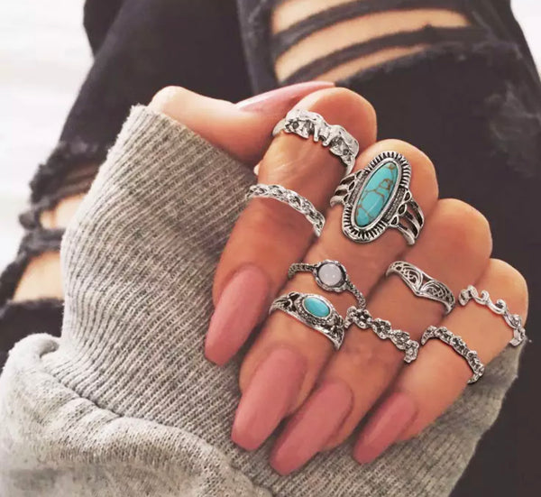 Boho Turquoise Stackable 9 pc Rings Set