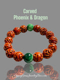 JADE Nephrite & Rudraksha Carved Phoenix & Dragon Gemstone Energy Bead Bracelet ~ Grandiose 14-15mm
